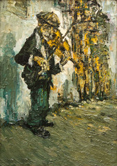 violinist street gypsy musician original oil painting on canvas, man playing on violin on the street impressionism painting, modern art impressionism, artwork part of collection, music on the street 