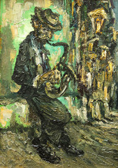 street musician playing on saxophone original oil painting on canvas, part of impressionism gallery collection, modern impressionism art, artwork unique style, 