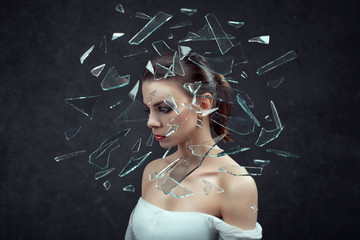 Stress - woman stressed with headache. Female stressed and worried with migraine headache pain....
