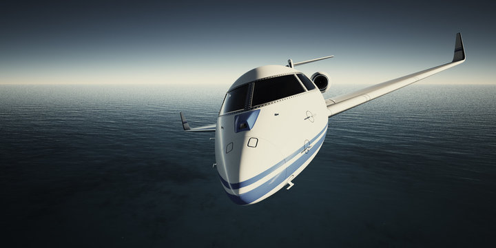 Photo of White Luxury Generic Design Private Jet Flying in Sky at night. Blue Ocean Background. Business Travel Picture.Horizontal,Film Effect. 3D rendering.