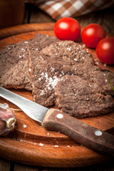 Slices of fried beef.