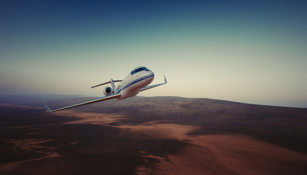 Photo of White Luxury Generic Design Private Jet Flying in Sky under the Earth Surface. Uninhabited Desert Mountains Background. Business Travel Picture. Horizontal. Film Effect. 3D rendering.