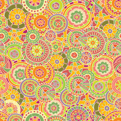 Seamless pattern of hand-drawn and painted mandalas. Vector graphics.