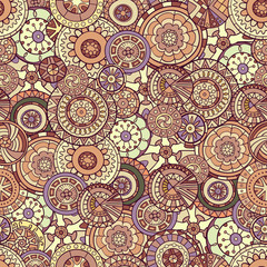 Seamless pattern of hand-drawn and painted mandalas. Vector graphics.