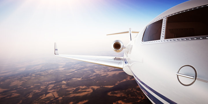 Closeup Photo Pilot Cabin White Luxury Generic Design Private Jet Airplane Flying Blue Sky sunset.Uninhabited Desert Mountains Background.Business Travel Picture.Horizontal,Film Effect.3D rendering