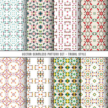Vector seamless pattern set. Geometric ethnic, tribal abstract background tile.