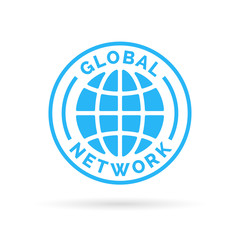 Global company network icon with blue globe stamp symbol. Vector illustration.