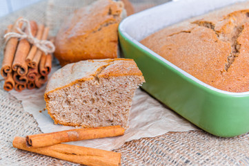 homemade cinnamon loaf cake in the ceramic baking dish