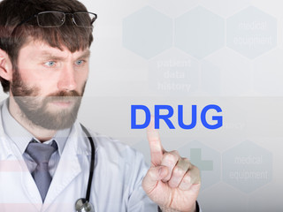 technology, internet and networking in medicine concept - medical doctor presses drug button on virtual screens. Internet technologies in medicine