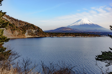 Close up to the  top fuji mountain in winter with clear blue sky and white cloud, Japan 