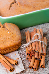 homemade cinnamon loaf cake in the ceramic baking dish