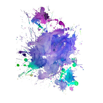 Watercolor spot with droplets, smudges, stains, splashes. Colorful multicolor blot in grunge style. 