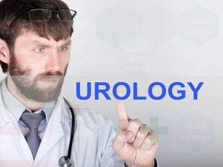 technology, internet and networking in medicine concept - medical doctor presses urology button on virtual screens. Internet technologies in medicine