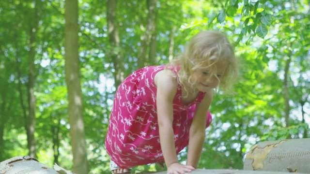  Happy little girl climbing on log pile & exploring in the woods.