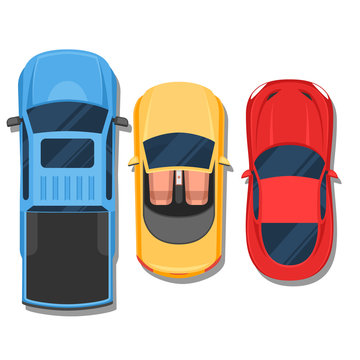 Cars top view. Convertible, sport car and pickup. Flat style col