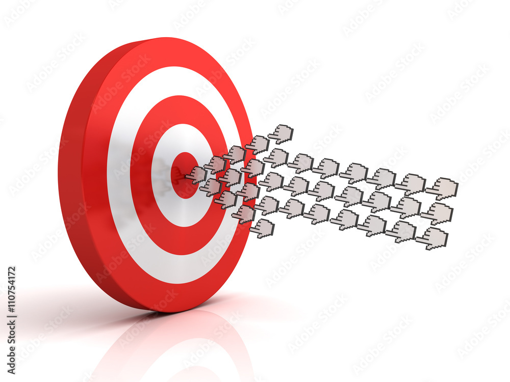 Aufkleber Group of hand cursors forming arrow hitting the center of target or dart board concept isolated over white background with reflection. 3D rendering.