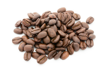 Coffee grains and leaves isolated on the white backgrounds.