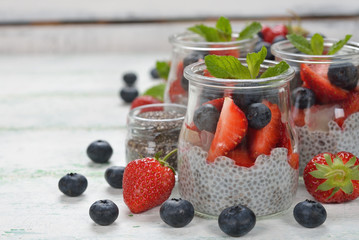 Chia pudding with strawberries and blueberries