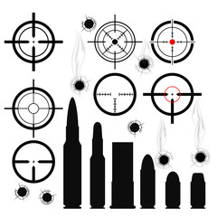 Crosshairs (gun sights), bullet cartridges and bullet holes - obrazy, fototapety, plakaty