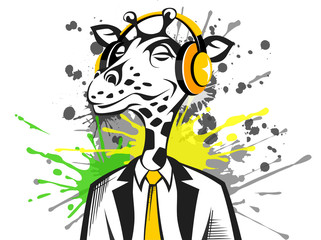 Hand drawn hipster giraffe color with headphones