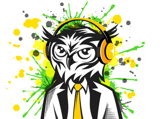 Hand drawn hipster owl color with headphones