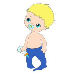 Cute baby character. Baby with nipple and bottle. Vector