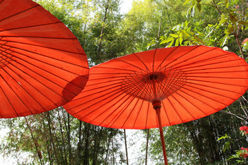 Red paper umbrella made from bamboo stalks.