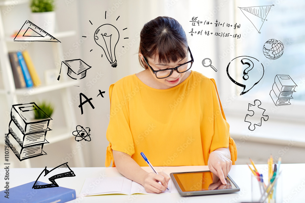 Poster asian woman student with tablet pc at home