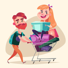 Consumers with a full shopping basket. Vector illustration.