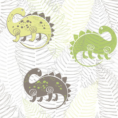 Seamless pattern with dinosaurs and ferns. Vector illustration.