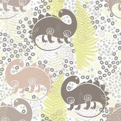 Seamless pattern with dinosaurs and ferns. Vector illustration.