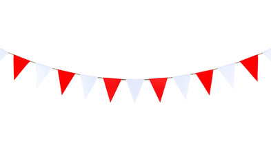 Triangle papers hanging on the rope.On the white background.
