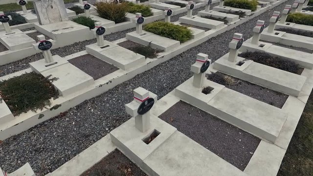 Polish Grave in Lviv. White Crosses and Flowers on the Graves. the Camera Flies Over the Graves of Those Killed in the War Poles. the Crosses Are Decorated With Penta Polish Flag. Grey Sad Weather.