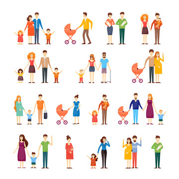 Parents with kids, cartoon family, on an isolated background. Flat design vector illustration.