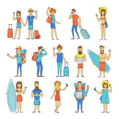 Thin line People and couples travel-ling, surfing, leisure, hiking. Character design. Flat design vector illustration.