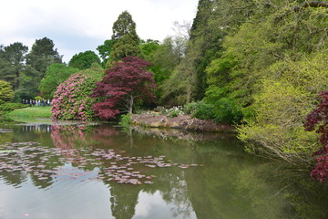 An English country garden with a lake in late springtime.