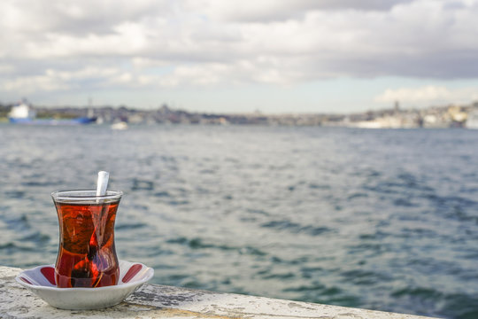 Turkish tea against sea in istanbul, Turkey