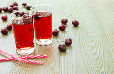Two glasses of cherry juice, straws and empty space. Left two glasses of cherry juice around scattered cherries, right empty space for text on light green background. Horizontal. Close. Daylight.