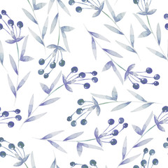 Seamless pattern with the blue berries, hand drawn in a watercolor on a white background, background for your card and work, hand drawn in a pastel