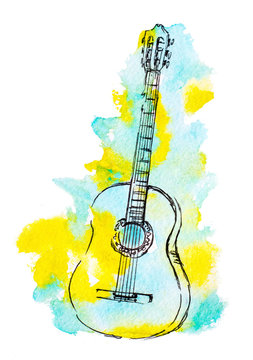 hand drawn classical guitar and watercolor splash illustration