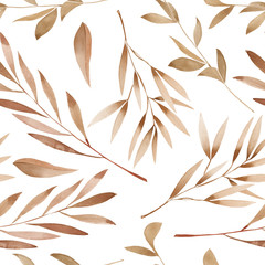 Bezszwowy kwiecisty wzór z akwareli brązu liśćmi na gałąź, ręka rysująca na białym tle - 110762343