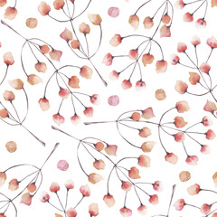 Seamless floral pattern with the abstract watercolor red branches, hand drawn on a white background