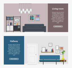 Two horizontal banners for web design. The modern interior design in a flat style. Living room. Corridor. A cozy sofa and other furniture in the interior space.