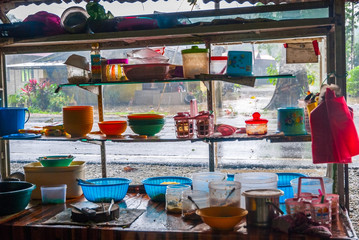 View on food stand with varity of kitchenware