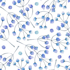 Seamless floral pattern with the abstract watercolor blue branches, hand drawn on a white background