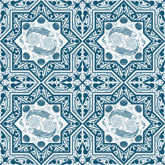 Arabic Blue Seamless Pattern with fish and lotus