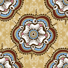 Vector seamless texture with floral ornament in indian style. Mehndi ornamental pattern. Hand drawn ethnic design