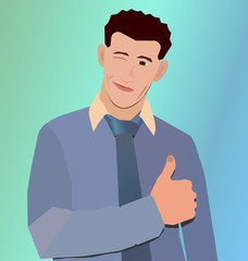 Happy businessman winks and hand with thumb up