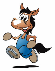 Cartoon Pferd braun Arbeitshose rennen