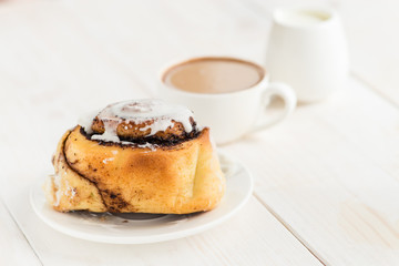 Delicious baked cinnamon rolls, Buns Macro with shallow dof